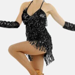 NEW SEQUIEN TASSEL HALTER BACKLESS MINI DANCE PARTY DRESS COSTUME COCKTAIL BLACK
